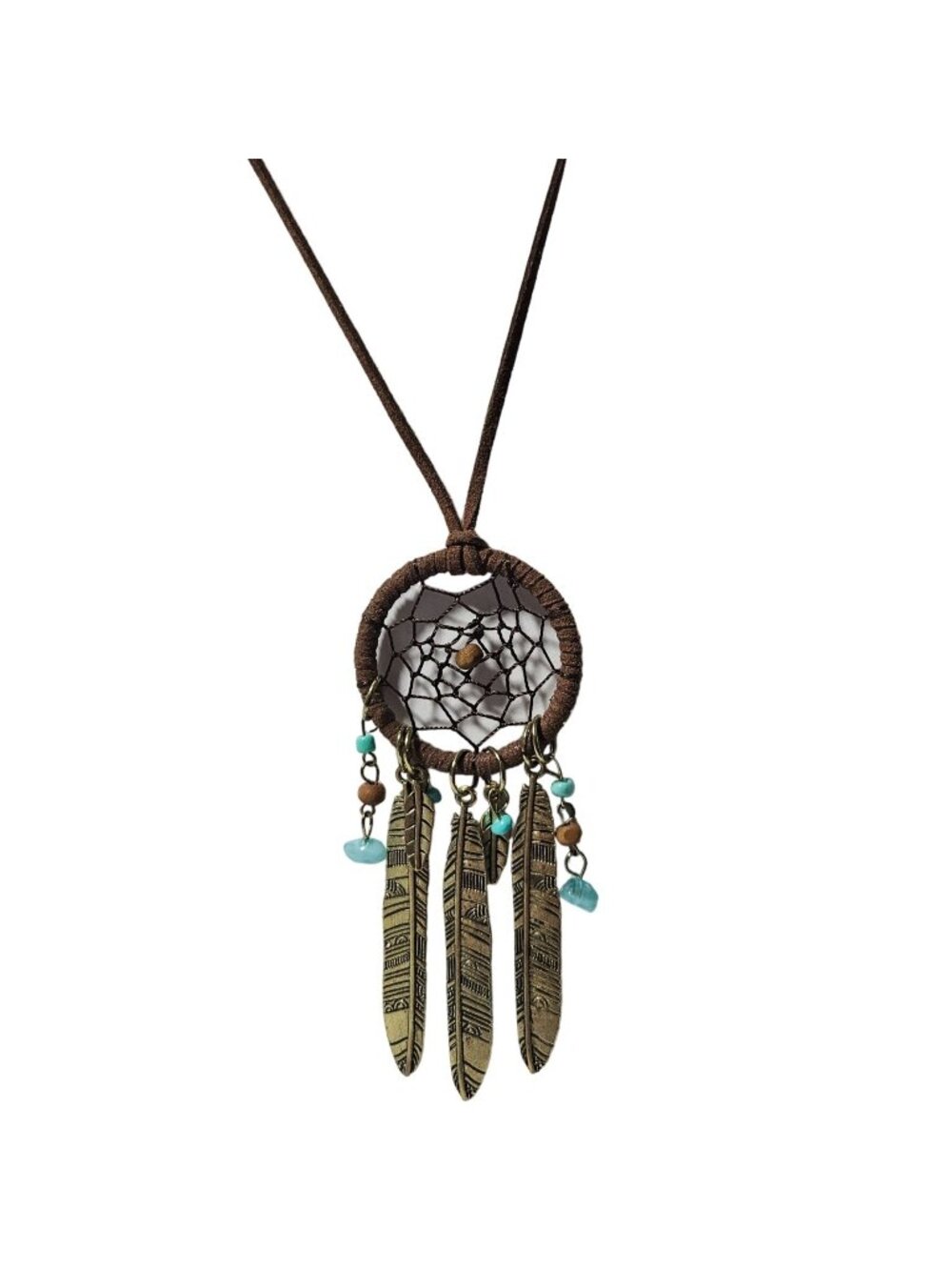 Southwest Dreamcatcher Necklace Bronze Tone Feather Blue Beads Hippie Festival
